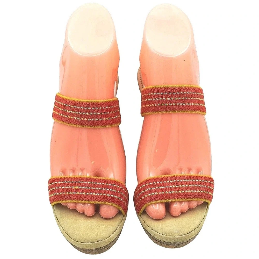 Boho Cherokee Wedge Sandals Womens 6 Red‎ Gold Metallic Stripes Vintage